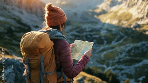 Mountain Adventure Navigation - Backpacker Reading Map at Sunset in Wilderness for Travel Vlogs, Outdoor Activities and Tourism Marketing