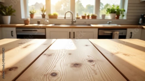 Wooden Kitchen Table Surface – Natural Pine Wood Grain with Sunlight for Cooking Videos, Home Interior Design, and Lifestyle Content Background