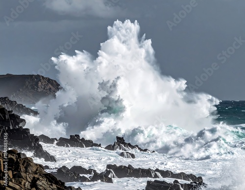 Powerful ocean wave crashes against rocky shoreline, creating a dramatic, dynamic seascape under a cloudy sky