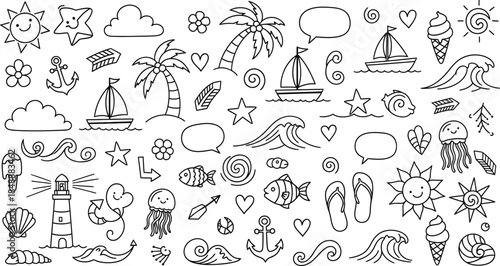 Hand drawn summer beach vacation doodle icons set with sun, palm trees, sailboat, lighthouse, waves, jellyfish, starfish, ice cream, anchor, flip flops, seashells, clouds, and speech bubbles
