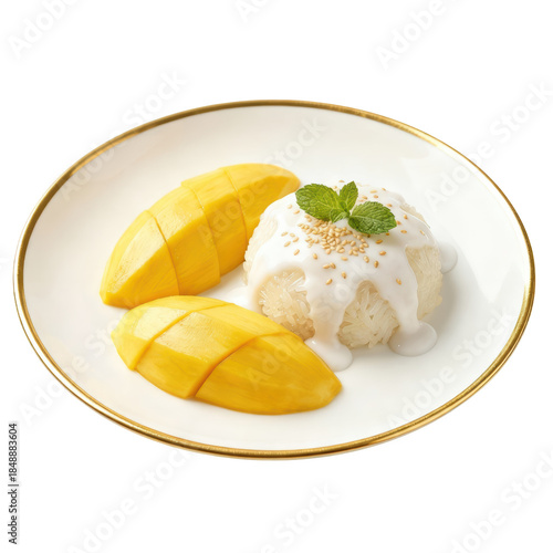 Delicious Thai dessert mango sticky rice with coconut milk on plate