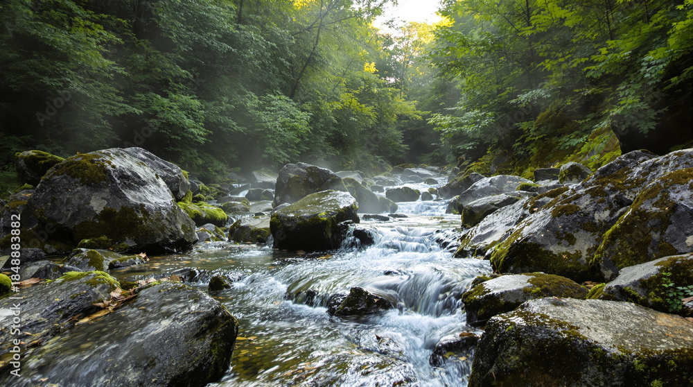 Obraz premium A clear, pristine mountain stream flows over moss-covered rocks