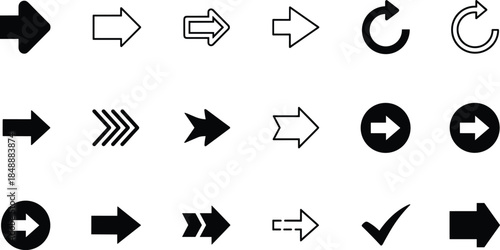 Essential navigation icon pack showcasing a variety of arrow shapes from simple outlines to bold filled symbols for effective visual communication and guidance.