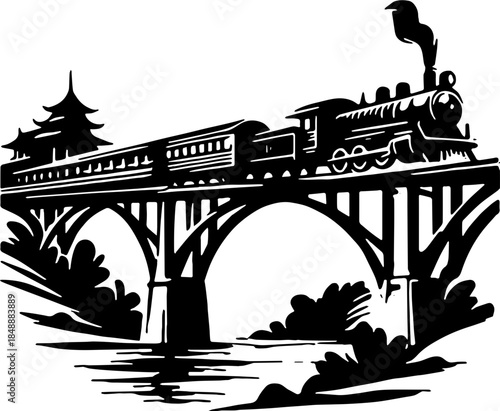 Classic steam locomotive journeying over a majestic arched bridge with traditional Asian architecture, presented as a monochrome historical travel illustration