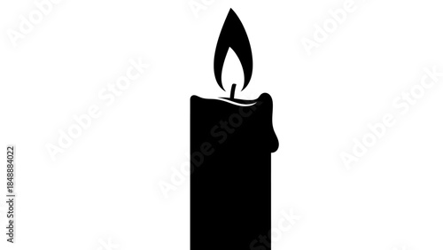 Minimalist black silhouette of a lit candle standing upright with a glowing flame on a plain white