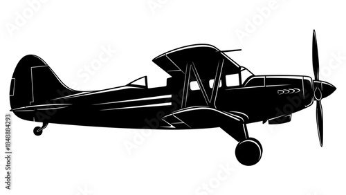 Minimalist black and white silhouette of vintage propeller airplane flying through sky