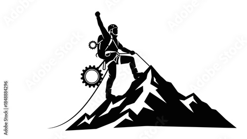 Adventurous mountain climber triumphantly reaching the summit solo with gear and equipment