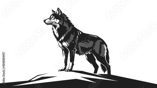 Stylized black and white illustration of a vigilant wolf standing on a rocky outcrop highlighting