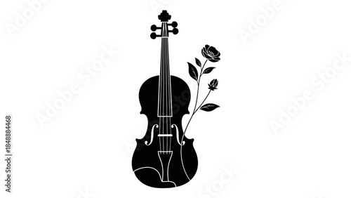 Elegant silhouette of a classical violin adorned with a blooming flower in monochrome style