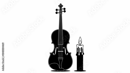 Silhouette of a violin alongside a burning candle creating a serene night scene
