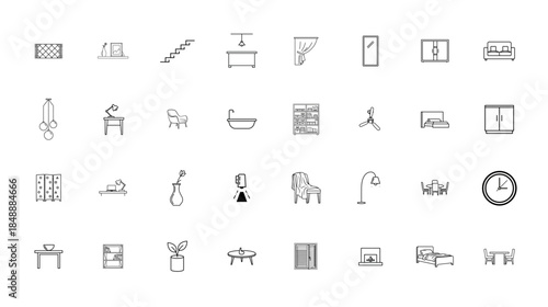 A comprehensive collection of minimalist furniture icons for interior design layouts