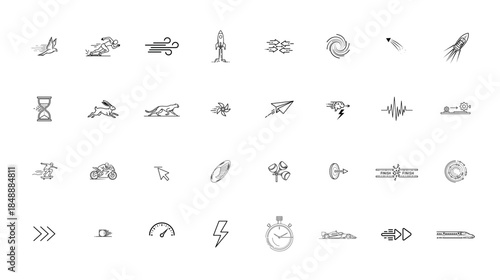 A collection of speed and motion related line icons for various concepts