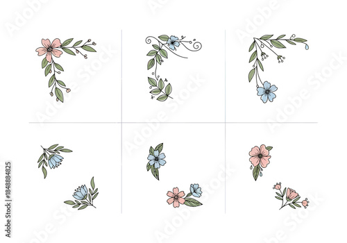 Six watercolorstyle floral and leaf corner elements and clusters