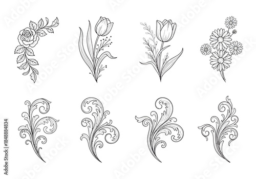 Black and white line art featuring floral clusters and baroque scrollwork elements