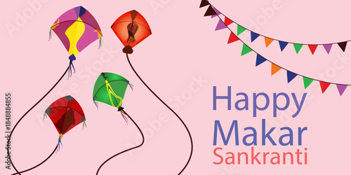 Happy Makar Sankranti Festival Illustration with Colorful Kites, Spools and Bunting Decorations