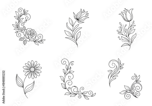 Six black and white floral and scrollwork designs arranged in two rows