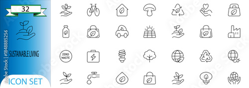Sustainable Living Line Icon Set – Eco, Green Energy, Zero Waste And Nature Icons
