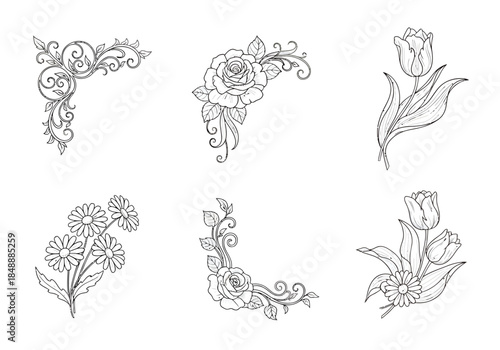 Six black and white floral and scrollwork border designs