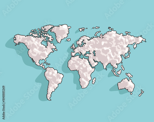 Around the World in Clouds Continents and Countries Minimalist Vector Map Illustration with Water Background. Connecting Global Dream Sky Travel Technology Location Concept