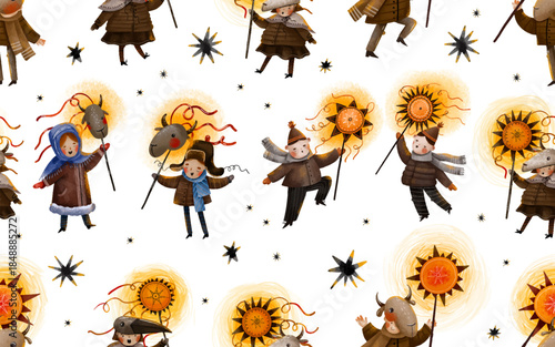 Vector christmas seamless pattern with carols. Carol Christmas vertep, magic background. Vertep Ukrainian winter holiday