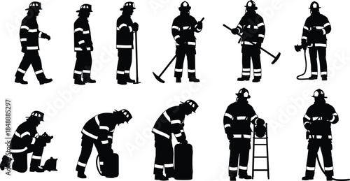 Firefighter silhouettes in protective gear, emergency response team performing rescue and safety tasks, fire brigade equipment, black vector illustration isolated on white background