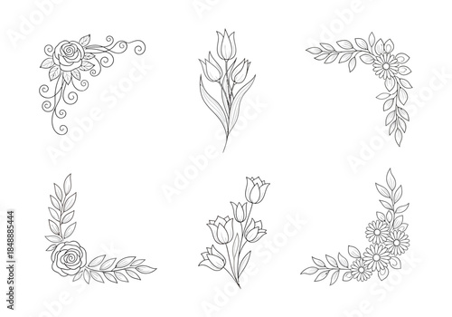 Six black and white floral designs including corner accents and bouquets