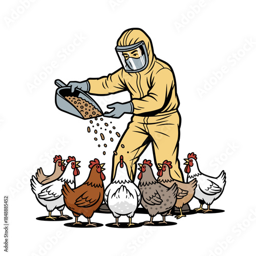 Worker in protective gear feeding chickens to prevent Bird Flu  