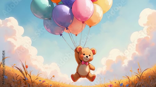 Floating Teddy Bear Animation - Whimsical Scene with Balloons and Golden Wheat Field for Children's Content, Nursery Decor, and Storytelling Videos