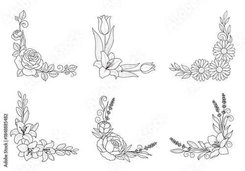 Six black and white floral corner border designs with roses lilies and daisies