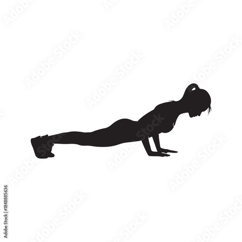 Lady doing push ups silhouette vector flat illustration on white background