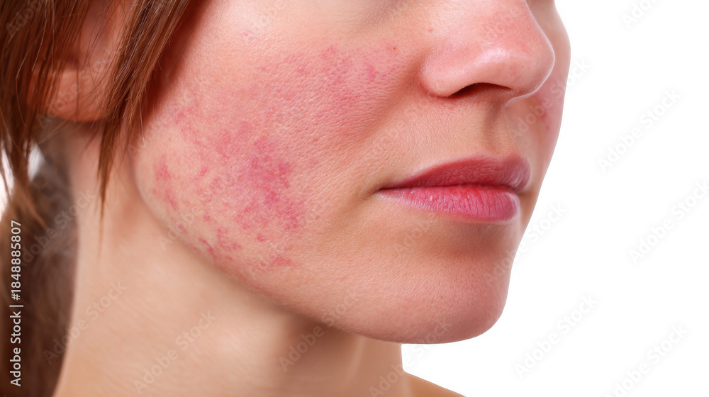 Fototapeta premium Close up of a woman's face with visible rash symptoms, potentially indicating a skin condition like lupus, isolated on a transparent background for easy integration into various projects