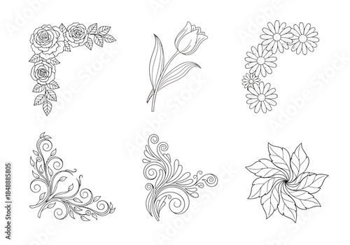 Six blackandwhite floral and scrollwork design elements