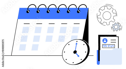 Time management, project scheduling, workflow optimization, productivity planning, business tasks, office tools. Spiral calendar, clock gears and folder . Time management and project scheduling