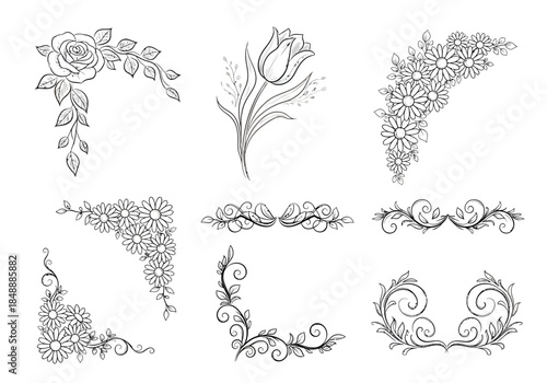 Six blackandwhite handdrawn floral and scroll design elements on white