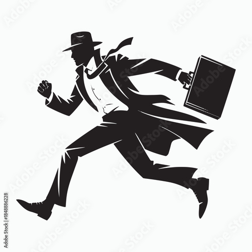 Businessman in trench coat running with briefcase silhouette