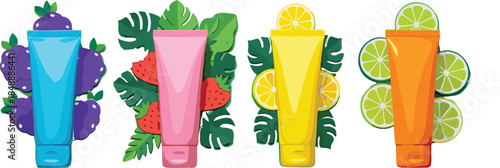 Colorful Fruit Cosmetic Tubes with Berry, Strawberry, Lemon, and Lime Ingredients, Natural Skincare Vector Illustration Set