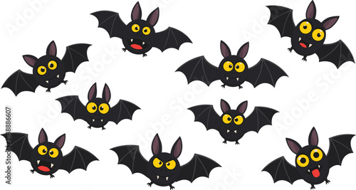 Cute Cartoon Bat Characters Collection with Funny Expressions, Flying Halloween Vampire Bat Vector Illustration Set on White Background