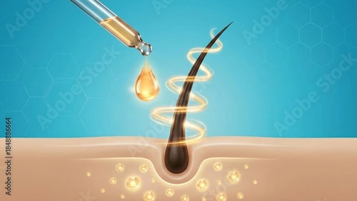 A single hair follicle with dropper and glowing rings showing hair loss treatment and deep serum absorption