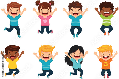Happy Cartoon Kids Jumping with Joy, Smiling Children Characters in Playful Poses, Colorful Vector Illustration Set