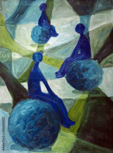 Oil painting of green and blue colors. It is a beautiful art picture. Abstraction art. Three people silhouettes on balls