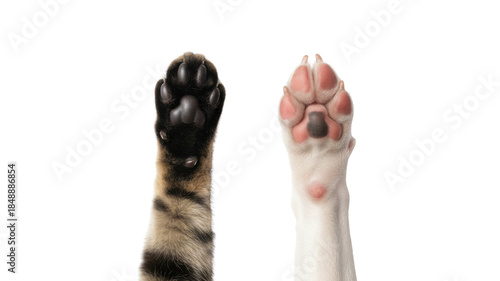 Close-up of striped cat paw and white dog paw isolated on white background