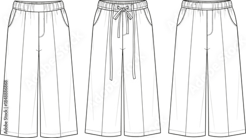 Women’s Wide Leg Pants Technical Fashion Illustration Showing Front Views with Elastic Waistband, Drawstring Detail, Pockets, and Clean Line Art