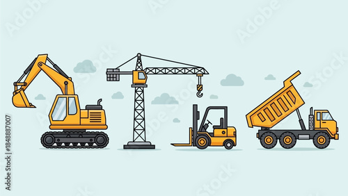 Construction site with excavator, crane, forklift, and dump truck in operation
