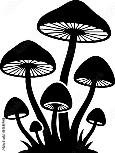 Botanical Mushroom Fungi Cluster Black and White Silhouette