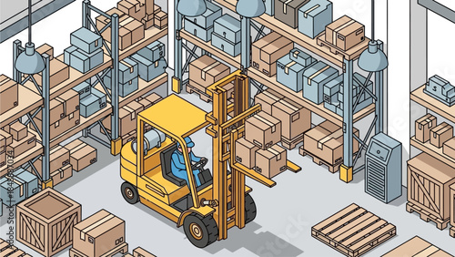 A forklift operator maneuvers a yellow forklift amidst wooden crates and cardboard boxes in a well-organized warehouse storage facility from an overhead viewpoint
