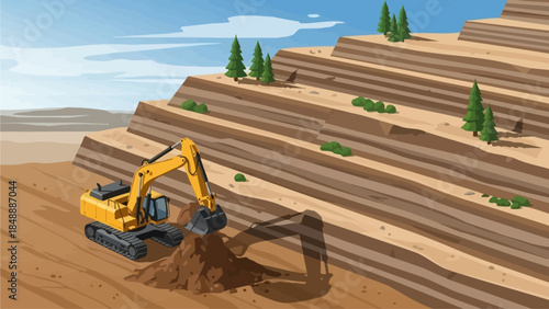 Excavator digging into terraced landscape with trees and blue sky visible
