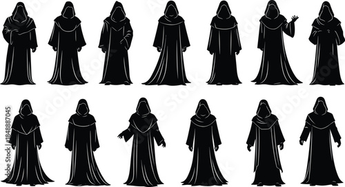 Hooded dark wizard silhouettes collection, fantasy robed figures in different poses, mysterious cult monks vector illustration set, isolated black characters