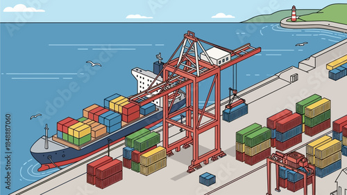 Cargo ship being loaded at a bustling dock with cranes and containers in a busy harbor scene