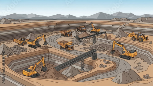 Heavy machinery operates in an open-pit mining excavation site surrounded by mountains under a clear sky