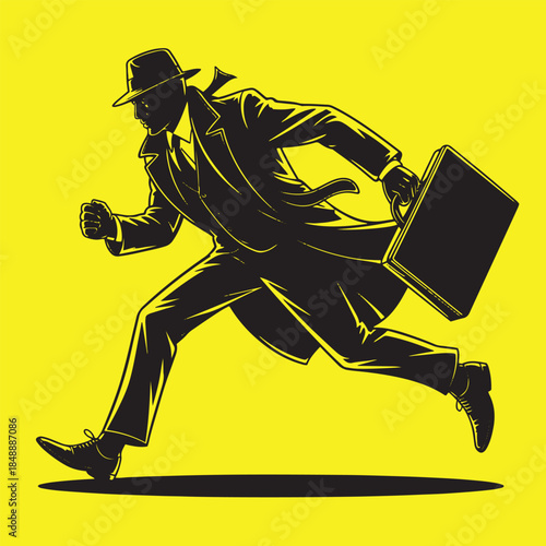 Silhouette of a man in a fedora and trench coat running with a briefcase